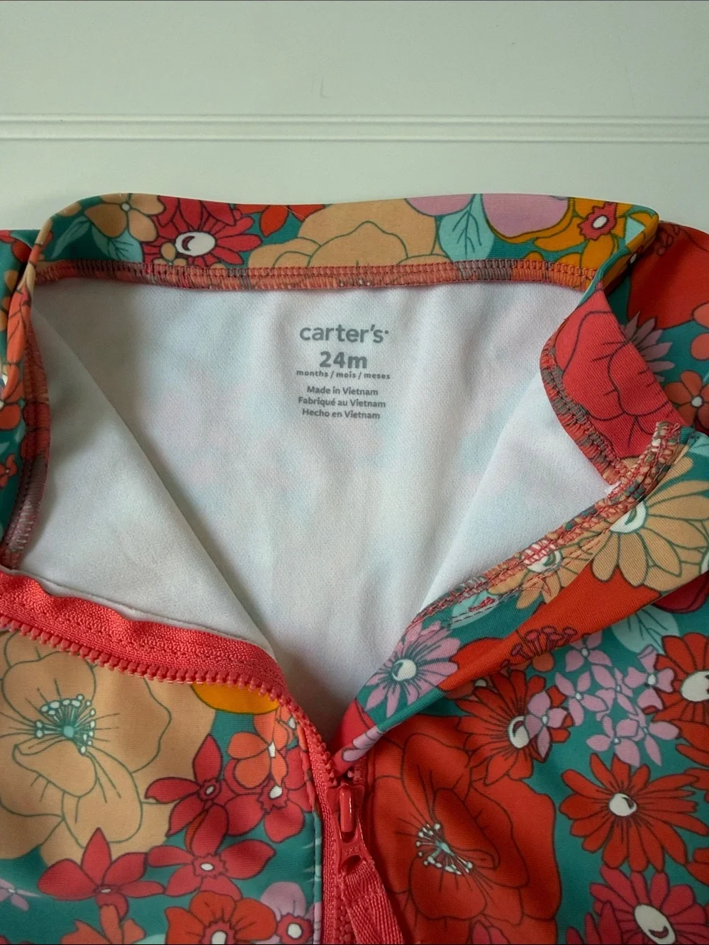 (026)Carter's Girls Floral Long-Sleeve Rashguard Swimsuit - Coral, Teal, Yellow